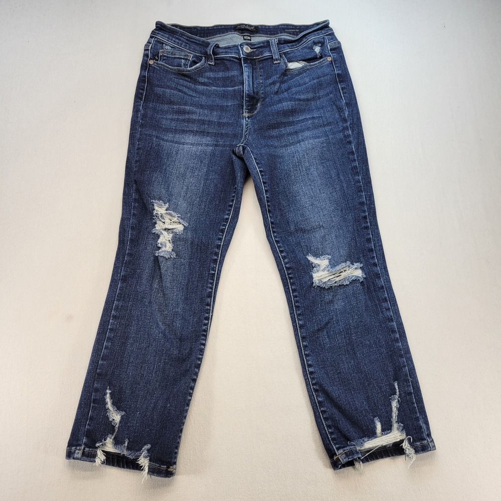 Judy Blue Cropped Fit Jeans Womens 11/30 Dark Wash Distressed Frayed Hem